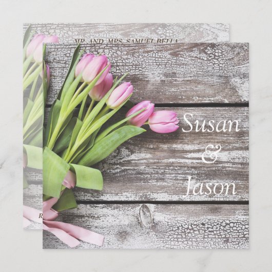 Trouwuitnodiging - Roze Tulpen & Hout Kaart (Voorkant / Achterkant)