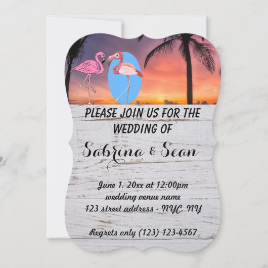 Trouwuitnodiging Strand Flamingo Palm Romantisch Kaart (Voorkant)