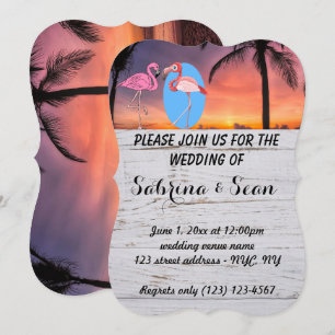 Trouwuitnodiging Strand Flamingo Palm Romantisch Kaart