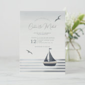 Trouwuitnodiging voor zeilboot aan de kust kaart (Staand voorkant)