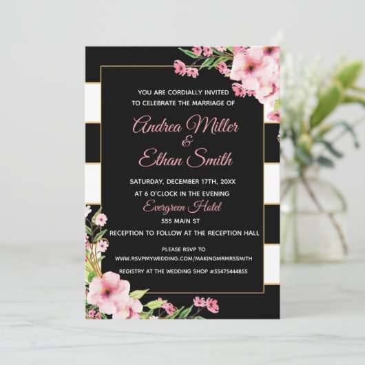 Trouwuitnodiging Zwart Wit Goud Bloemen Roze Kaart (Staand voorkant)