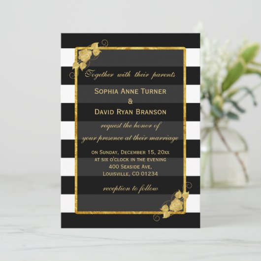 Trouwuitnodigingen | Goud Folie Zwarte Strepen Kaart (Staand voorkant)