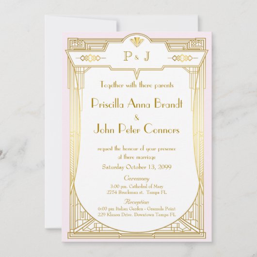 Trouwuitnodigingskaart, Great Gatsby, goud roze Kaart (Voorkant)