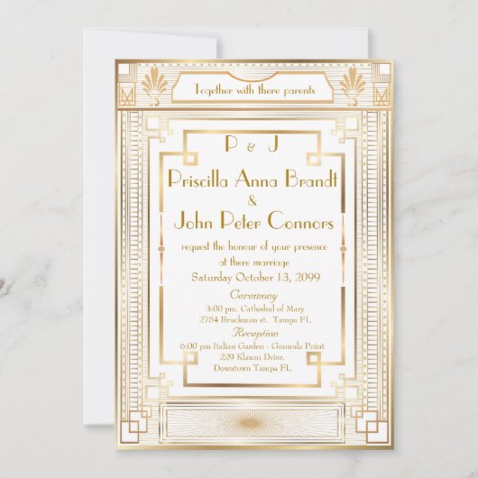 Trouwuitnodigingskaart, Great Gatsby, wit, goud Kaart (Voorkant)