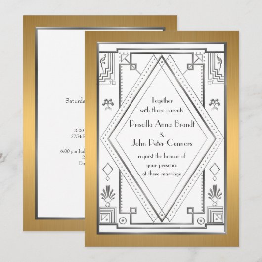 Trouwuitnodigingskaart, Great Gatsby, zilver, goud Kaart (Voorkant / Achterkant)