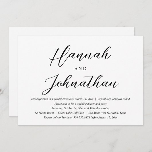 Trouwvluchtfeest en diner kaart (Voorkant / Achterkant)