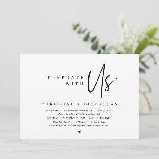 Trouwvluchtfeest, vier met ons uitnodiging (Staand voorkant)