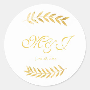 Trouwwarme Golden Leaves Initialen met datum Ronde Sticker