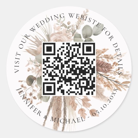 Trouwwebsite QR code details rsvp pampas Ronde Sticker (Voorkant)