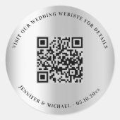 Trouwwebsite QR-code details RSVP zilver Ronde Sticker (Voorkant)