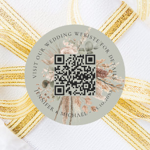 Trouwwebsite QR details rsvp salie groene pampas Ronde Sticker