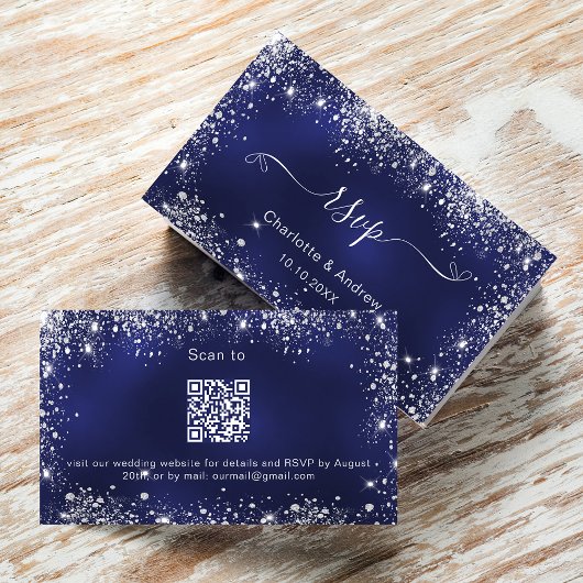 Trouwwebsite RSVP QR-code in marineblauw zilver Informatiekaartje