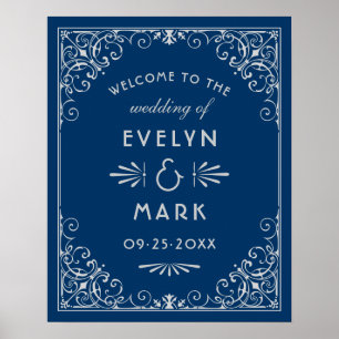 Trouwwelkom in Navy en Zilver Art Deco Poster