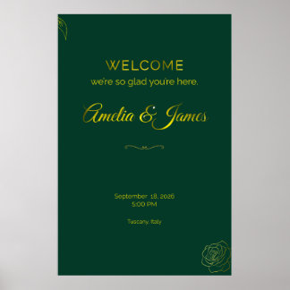 Trouwwelkomstbord in smaragdgroen en goud blad poster