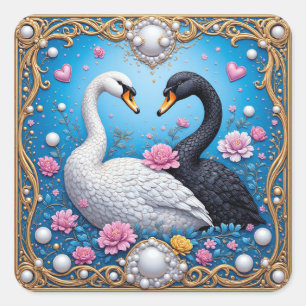 Trouwzwanen omlijst met goud en bloesems vierkante sticker