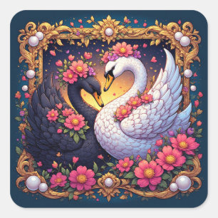 Trouwzwanen omlijst met goud en bloesems vierkante sticker