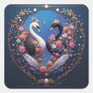Trouwzwanen omlijst met goud en bloesems vierkante sticker
