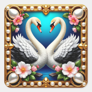 Trouwzwanen omlijst met goud en bloesems vierkante sticker