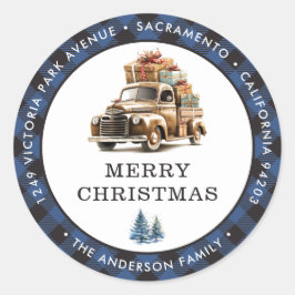 Truck Blue Merry Christmas Retour Adreslabels Ronde Sticker