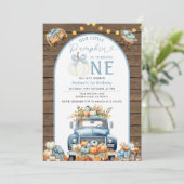 Truck Blue Pumpkin 1st Birthday Herfst Rustiek Hou Kaart (Staand voorkant)