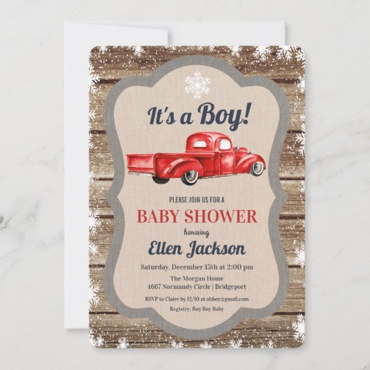 Truck Boy Baby shower Snowflake Uitnodiging (Voorkant)