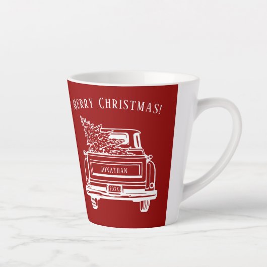 Truck Kerstboom Naam Rood Latte Mok (Rechts)