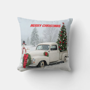 truck met kerstboom en sneeuwman kussen