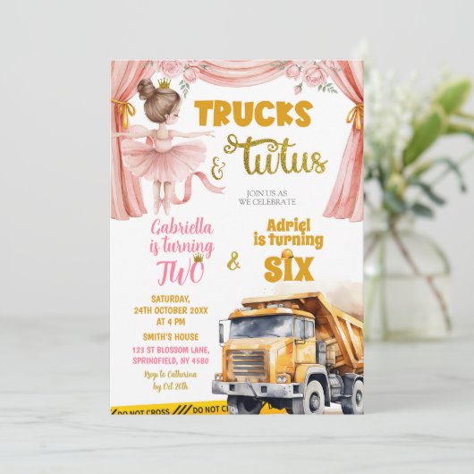 Trucks en Tutus gezamenlijke verjaardag Kaart (Staand voorkant)