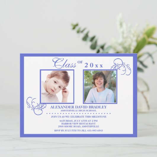 True Blue Photo Afstuderen Uitnodiging (Staand voorkant)