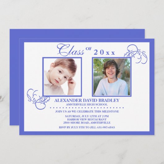 True Blue Photo Afstuderen Uitnodiging (Voorkant / Achterkant)