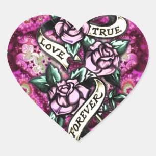 True Love Forever Rockabilly Rozen patroon. Hart Sticker