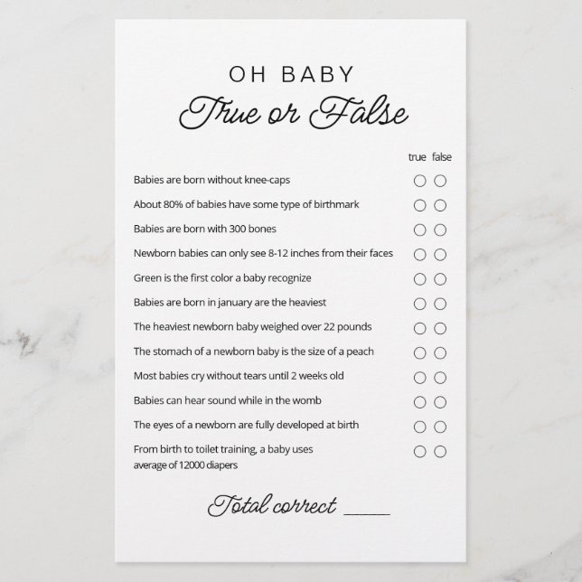 True or False Game Baby Trivia game met Answers (Voorkant)