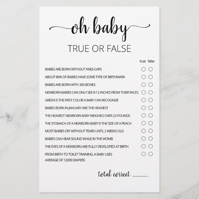 True or False Game Baby Trivia game met Answers (Voorkant)