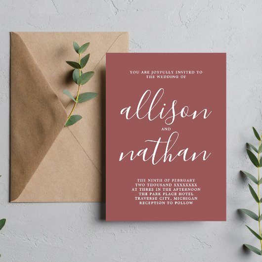 True Simplicity 1 Script Marsala Minimal Wedding Kaart