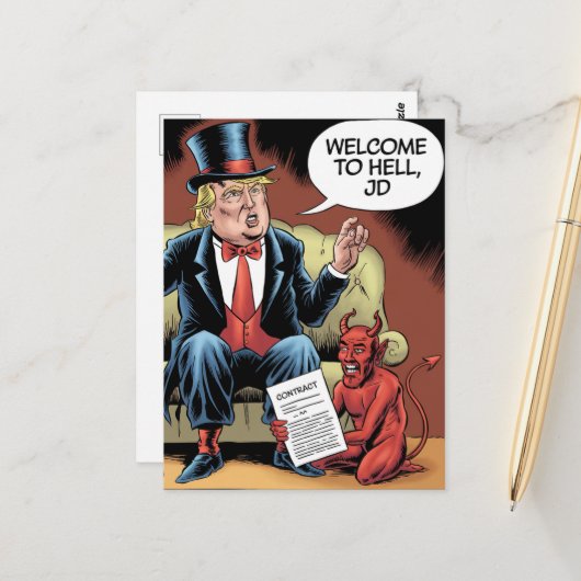 Trump-Cartoon welkom bij Hell JD Briefkaart (Voorkant / Achterkant in situ)
