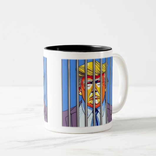 Trump in Jail Two-Tone Mok, 11 oz Tweekleurige Koffiemok (Voorkant rechts)