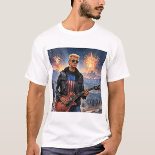 Trump speelt elektrische gitaar en vuurwerk t-shirt