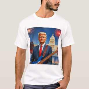 Trump speelt op elektrische basgitaar in het Ameri T-shirt
