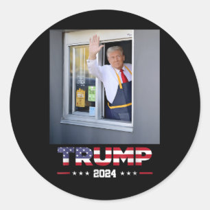 Trump werkt drive-thru Trump die frietjes serveert Ronde Sticker