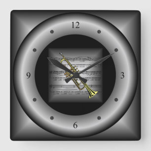 Trumpet ~ 3-D Sheet Music ~ Pillow Silver/Black ~ Vierkante Klok