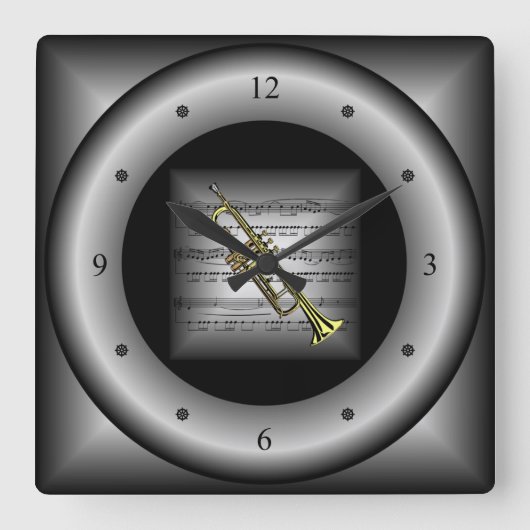 Trumpet ~ 3-D Sheet Music ~ Pillow Silver/Black ~ Vierkante Klok (Voorkant)