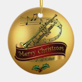 Trumpet ~ Musical Scroll ~ Gold Merry Kerst~ Keramisch Ornament (Voorkant)