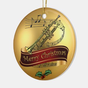 Trumpet ~ Musical Scroll ~ Gold Merry Kerst~ Keramisch Ornament
