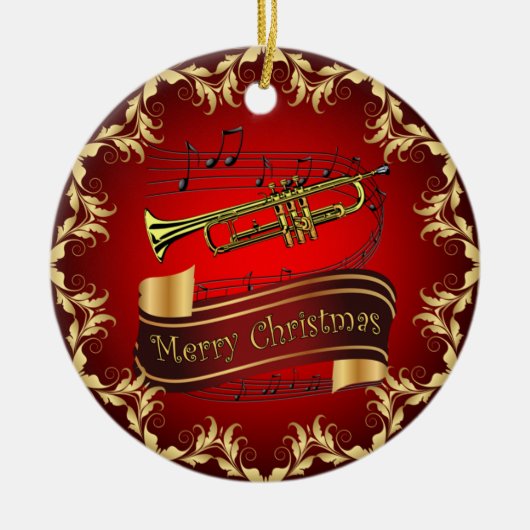 Trumpet ~ Musical Scroll ~ Merry Kerst~ * ~ Keramisch Ornament (Voorkant)