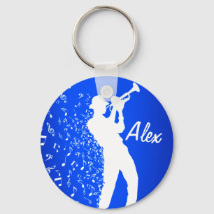 Trumpet Player  Blauwe en witte Muzieknoten Sleutelhanger