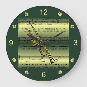 Trumpet~Rollend Blad Music~Gold/Green Background~ Grote Klok