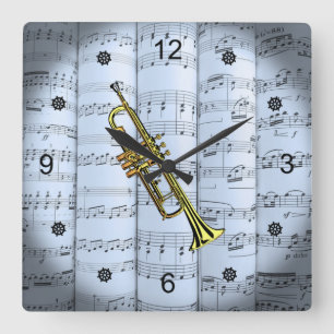 Trumpet~Rollend blad Muziek~Blue Tint Background ~ Vierkante Klok