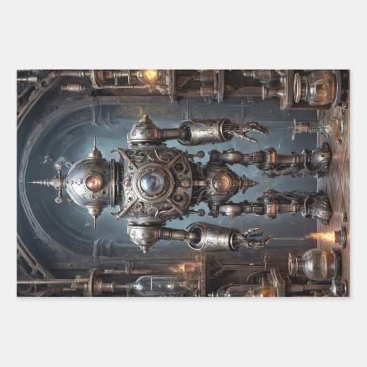 Tryptische Retrofuturistische steampunk robots Inpakpapier Vel (Voorkant)
