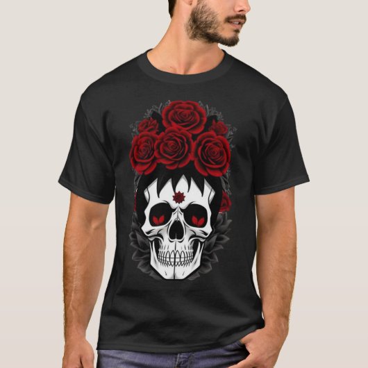Tshirt gothique aux fleurs rouges du crâne (Devant)