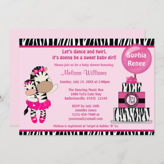 Tu Tu Cute Baby shower invitation ZEBRA GIRL Maman (Devant / Derrière)